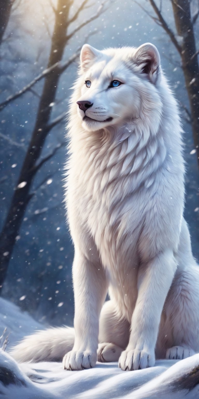The cutest fluffy fantasy white lion,furry tail, muscluar ,it is snowing gently in moonlight reflections in the winter forest, swirls of snowflake particles fantasy snow, 8k,WhiteWolf