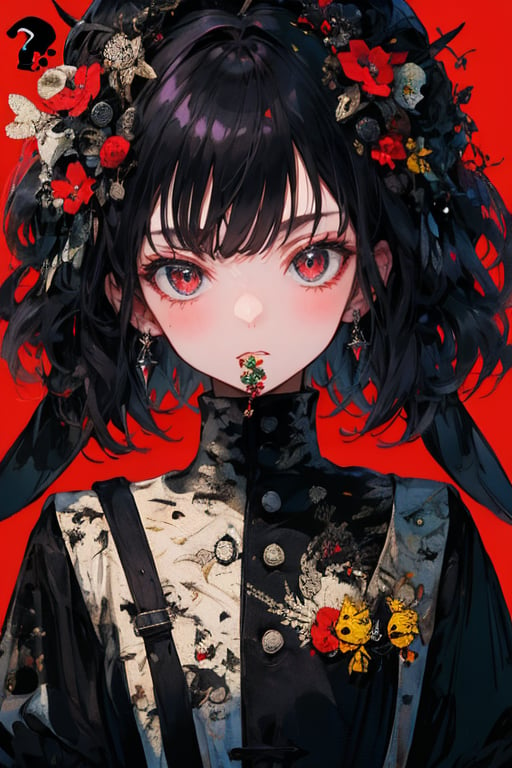 //quality, masterpiece:1.4, detailed:1.4, best quality:1.4,//,1girl,solo,//,(black hair),short hair,ahoge,sidelocks,red eyes,//,hair_flowers,(bee_wings),black gothic_lolita,//,blush,expressionless,:o,mouth_open,looking_at_viewer,//,(spoken_question_mark),?,??,question_mark,question_mark_\(symbols),//,red background,simple_background,upper_body,close up portrait,stickers,outline ,Deformed,sticker,chibi, chibi style,