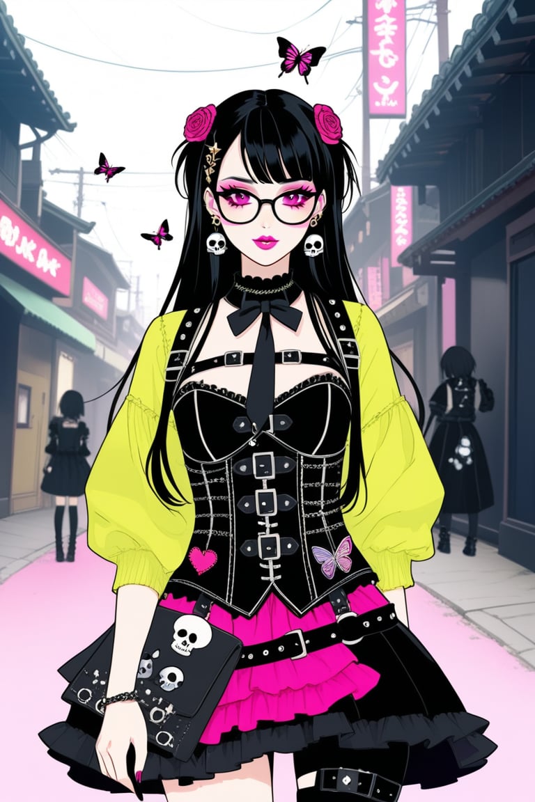 1girl, Catholicpunk aesthetic art, cute goth girl in a fusion of Japanese-inspired Gothic punk fashion, glasses, skulls, goth. black gloves, tight corset, black tie, harness, punk, rave, incorporating traditional Japanese motifs and punk-inspired details,Emphasize the unique synthesis of styles, flowers, butterflies, score_9, score_8_up ,heavy makeup, earrings, Lolita Fashion Clothes, kawaii, hearts ,emo, kawaiitech, dollskill,c0l0urc0r3,goth gir