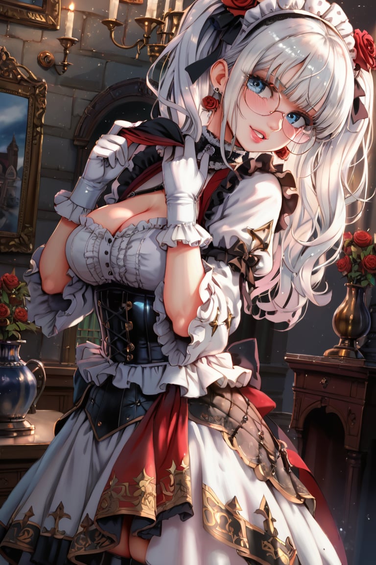 score_9,score_8_up,score_7_up,ClrSkt 1girl, solo, long black gloves, glasses, (((white hair))), catholic, emo, tears, elbow gloves, embarrassed, long gloves, hearts, long hair, solo, 2.5D,  clean artwork, detailed illustration, colorful, 1girl, 22 years old, long hair, straight hair, cute, round trim glasses, nose blush, slim eyes, pretty, seductive, attractive, alluring, mouth slightly open, good teeth, beautiful nerdy, flirty, feminine, soft make up, vibrant, adorable, eyelashes, slender, high quality, masterpiece,  solo focus, realistic, round chin, narrow face, big lips, (masterpiece, best quality, ultra-detailed), (perfect hands, perfect anatomy), Highly detailed, High Quality, Masterpiece, beautiful, (((red roses))), red skin, High detailed, detailed eyes, huge body, enamel latex elbow gloves, latex clothes, latex thighhighboots,cleavage, latex elbow gloves, big_dominant, serious, stern, latex corset. High resolution, extremely detailed, atmospheric scene, masterpiece, best quality, 64k, high quality, (HDR), HQ , very detailed, beautiful and aesthetic, heavy makeup, earrings, (masterpiece, best quality, high resolution, ultra detail), ((skindentation)), bare shoulders, soft skin, perfectly explained gloved hands, perfectly explained arms, ClrSkt,Eyes,

BY ALT GOTH.