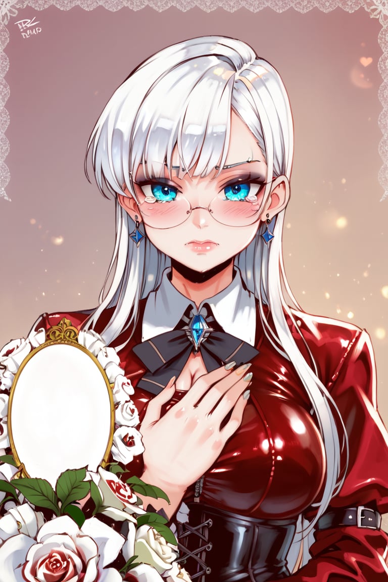 score_9,score_8_up,score_7_up,ClrSkt 1girl, solo, long black gloves, glasses, (((white hair))), (((middle aged woman))), catholic, emo, tears, elbow gloves, embarrassed, long gloves, hearts, long hair, solo, 2.5D, (masterpiece, best quality, ultra-detailed), (perfect hands, perfect anatomy), Highly detailed, High Quality, Masterpiece, beautiful, (((red roses))), red skin, High detailed, detailed eyes, huge body, enamel latex elbow gloves, latex clothes, latex thighhighboots,cleavage, latex elbow gloves, big_dominant, serious, stern, latex corset. High resolution, extremely detailed, atmospheric scene, masterpiece, best quality, 64k, high quality, (HDR), HQ , very detailed, beautiful and aesthetic, heavy makeup, earrings, (masterpiece, best quality, high resolution, ultra detail), ((skindentation)), bare shoulders, soft skin, perfectly explained gloved hands, perfectly explained arms, ClrSkt,Eyes,

BY ALT GOTH.