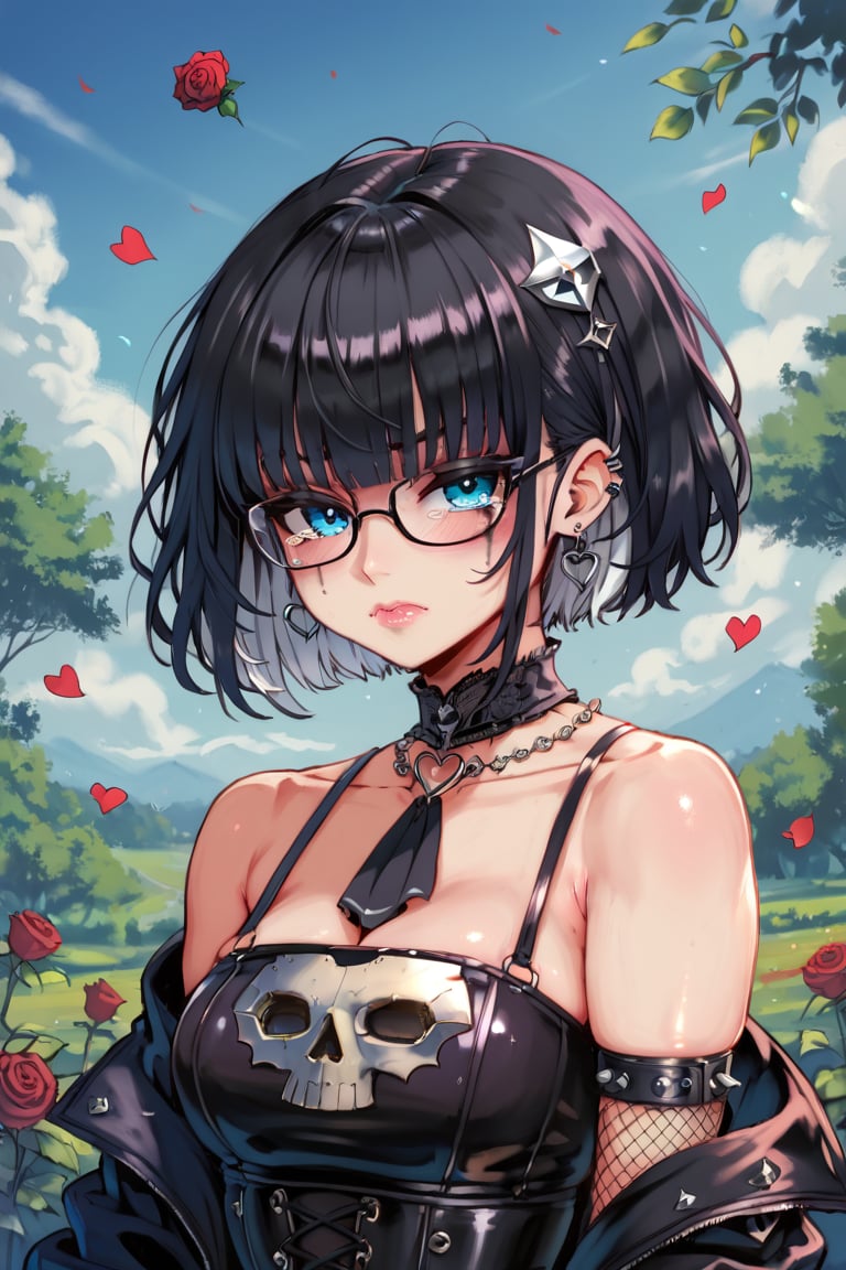 score_9,score_8_up,score_7_up,ClrSkt 1girl, solo, long black gloves, glasses, (((white hair))), (((middle aged woman))), catholic, emo, tears, elbow gloves, embarrassed, long gloves, hearts, long hair, solo, 2.5D, (masterpiece, best quality, ultra-detailed), (perfect hands, perfect anatomy), Highly detailed, High Quality, Masterpiece, beautiful, (((red roses))), red skin, High detailed, detailed eyes, huge body, enamel latex elbow gloves, latex clothes, latex thighhighboots,cleavage, latex elbow gloves, big_dominant, serious, stern, latex corset. High resolution, extremely detailed, atmospheric scene, masterpiece, best quality, 64k, high quality, (HDR), HQ , very detailed, beautiful and aesthetic, heavy makeup, earrings, (masterpiece, best quality, high resolution, ultra detail), ((skindentation)), bare shoulders, soft skin, perfectly explained gloved hands, perfectly explained arms, ClrSkt,Eyes,

BY ALT GOTH.