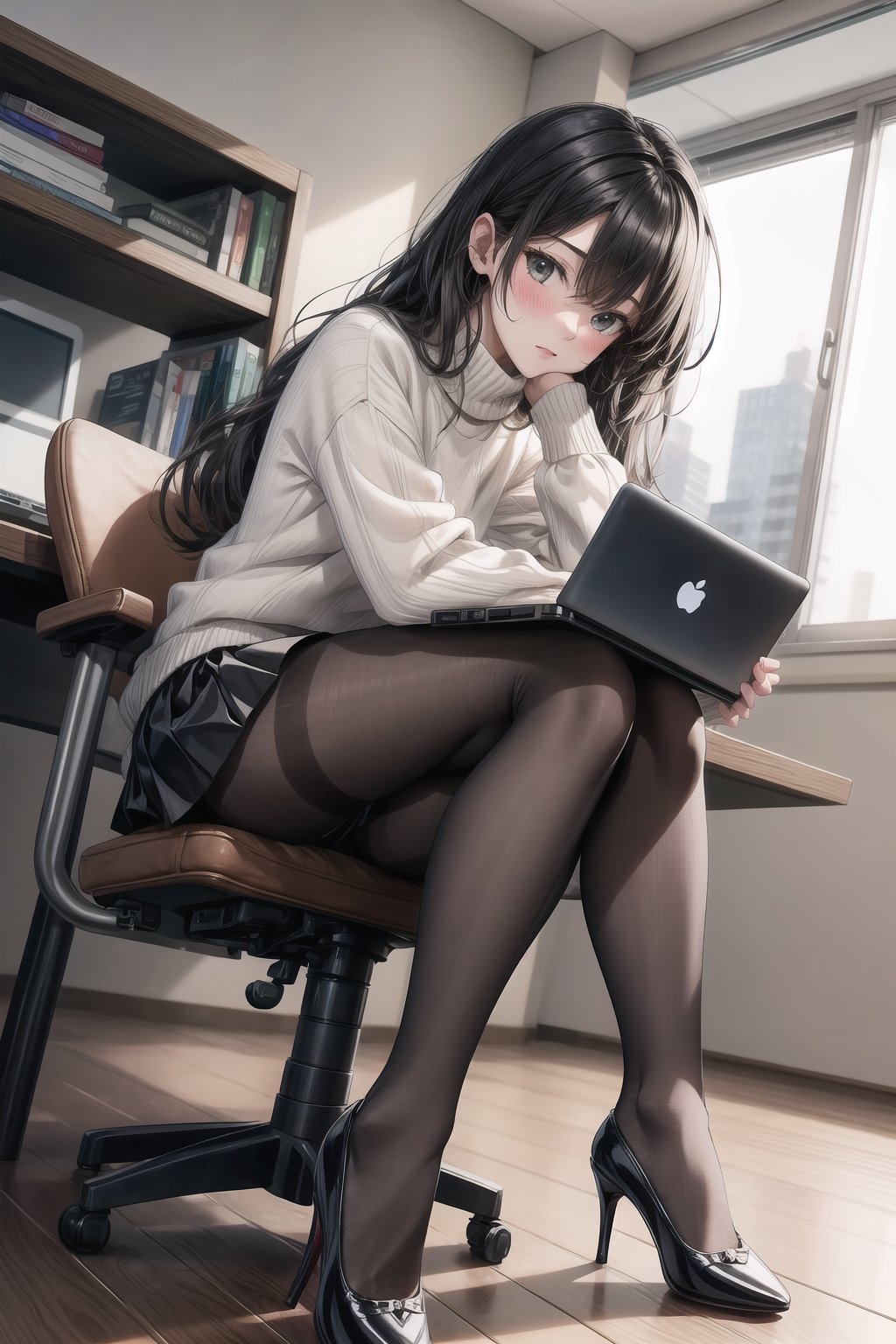 A girl with black, long hair. She is wearing a white shirt, black skirt, high heels, and pantyhose. She’s sitting on a chair, kneeling, with her legs spread, revealing her pantyhose. She has her hand on her thigh and is wearing a sweater. She’s in an office, with a laptop on a desk, looking at the viewer, blushing. Full body shot, low angle shot.