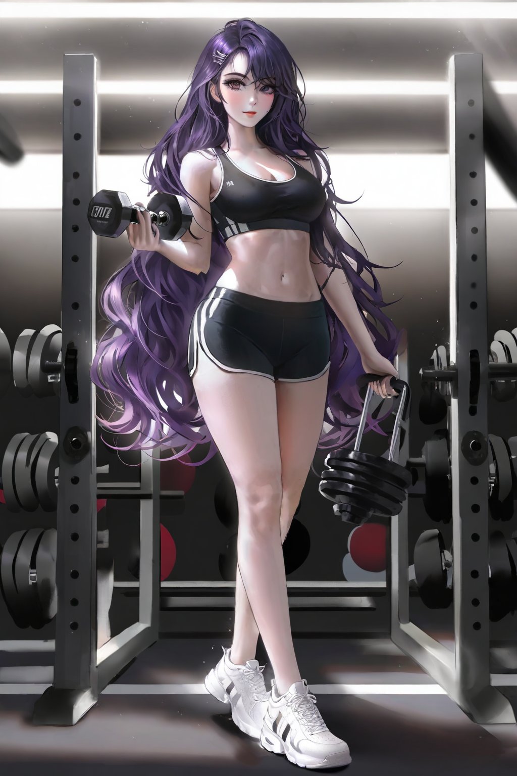 (1_girl, purple_hair, long_hair, wavy_hair:1.3), (anime_style, big_eyes, cute_face:1.2), (athletic_body, toned_legs, slim_waist:1.1), (black_sports_bra, black_shorts, white_sneakers:1.3), (standing_in_a_gym, holding_a_dumbbell, looking_at_viewer, confident_expression:1.4), (bright_gym_lighting, weights, mirrors:0.8), (full_body_shot, medium_angle_shot:1.5), high_contrast, detailed, ,nixeu,Cogecha