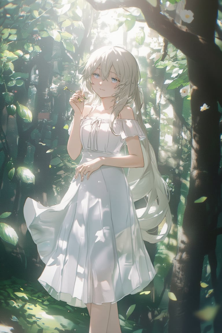 A young woman with long, flowing silver hair stands in a serene forest clearing. Her eyes are a captivating shade of violet, and her delicate features are accentuated by a soft blush on her cheeks. She has a slender, petite frame with a modest bust and a lithe figure. She wears a simple white sundress that falls just above her knees, the fabric clinging gently to her curves. Her feet are bare, and she seems at one with nature.

The young woman's posture is relaxed, with one hand resting on the trunk of a nearby tree and the other holding a single wildflower. Her expression is one of tranquil contentment as she gazes out into the distance. The forest around her is lush and verdant, with dappled sunlight filtering through the canopy of leaves overhead. A gentle breeze ruffles her hair and the hem of her dress, adding a sense of movement to the scene.

{Long flowing silver hair}, {Violet eyes}, {Petite slender frame}, {Simple white sundress}, {Barefoot in nature}, {Serene forest clearing}, {Tranquil expression}, {Dappled sunlight}, high_quality, masterpiece, best_quality, extremely_detailed