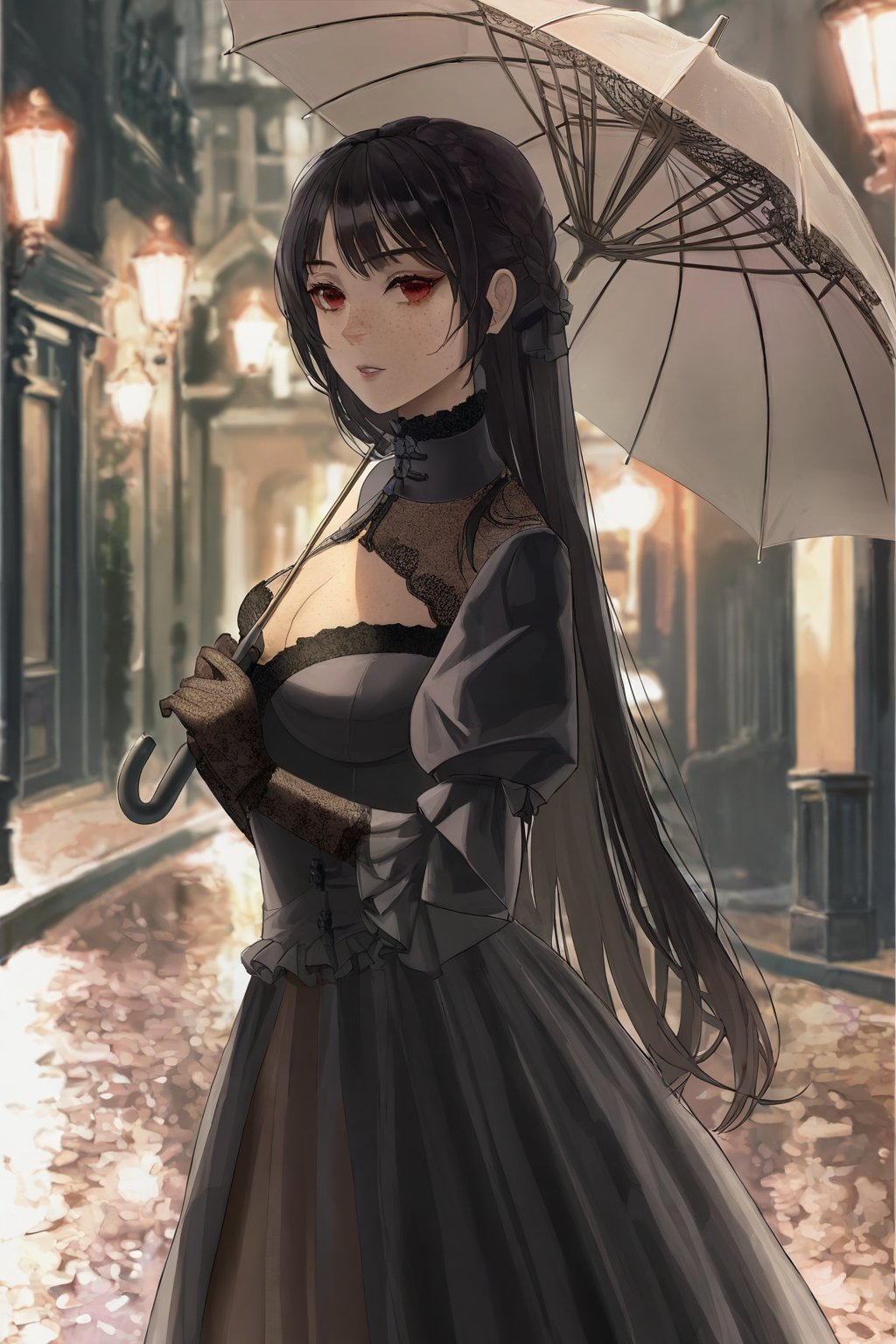 (1_girl, long_black_hair, red_eyes, freckles:1.4),
(slim_body, fair_skin, pale_lips:1.3),
(Victorian_dress, lace_gloves, high-collar:1.2),
(standing, holding_an_umbrella, looking_into_distance:1.5),
(rainy_street, gas_lamps, cobblestone_paving:0.8),
(portrait, soft_lighting, high_definition:1.0),
mysterious_atmosphere, vintage_style, detailed_textures,