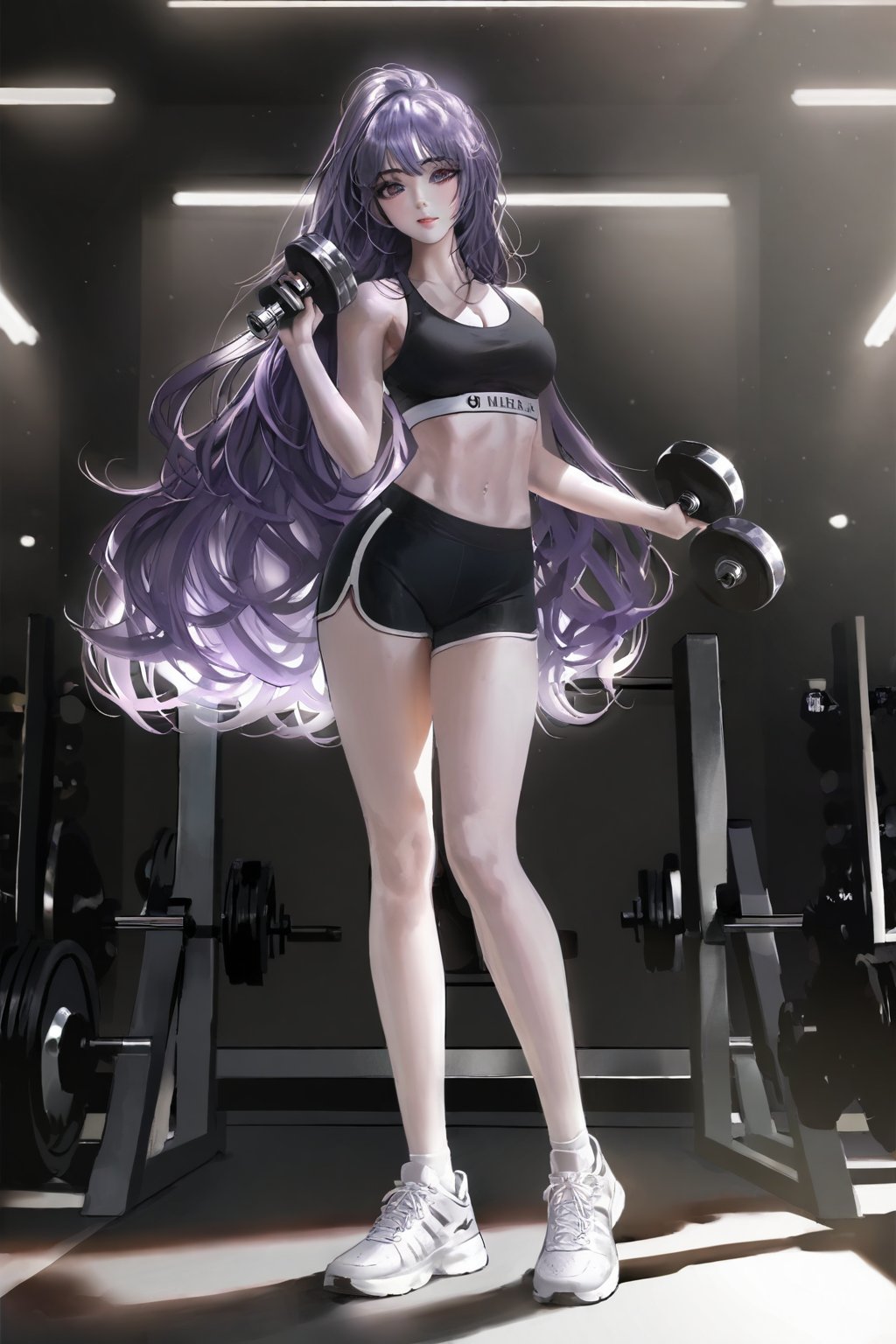 (1_girl, purple_hair, long_hair, wavy_hair:1.3), (anime_style, big_eyes, cute_face:1.2), (athletic_body, toned_legs, slim_waist:1.1), (black_sports_bra, black_shorts, white_sneakers:1.3), (standing_in_a_gym, holding_a_dumbbell, looking_at_viewer, confident_expression:1.4), (bright_gym_lighting, weights, mirrors:0.8), (full_body_shot, medium_angle_shot:1.5), high_contrast, detailed, ,nixeu,Cogecha