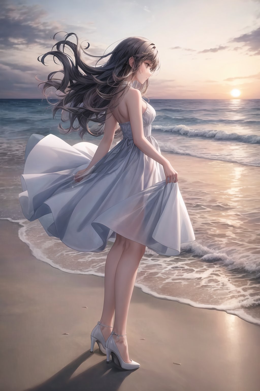 A young girl in a white dress standing on the beach, with a sunset in the background. She is looking away, her hair is blowing in the wind, and her face is tinged with sadness. She is wearing white high heels, revealing her long, slender legs, sunset sky, waves, beach grass, sea, full body shot, side view, portrait