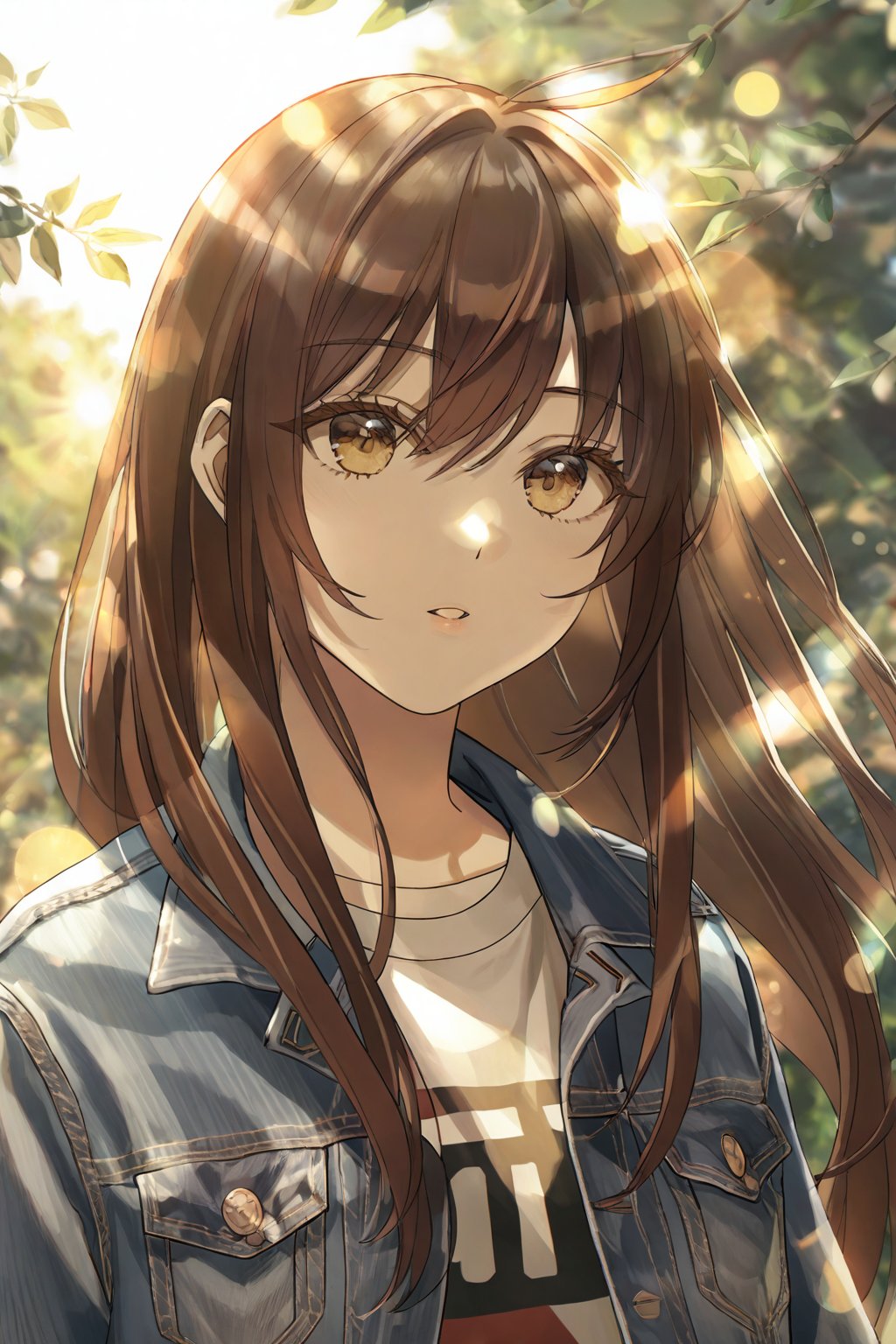 (1_girl:1.0), (long_hair:1.2), (auburn_hair:1.1), (almond_eyes:1.0), 
(slim_figure:1.0), (casual_pose:1.1), (looking_into_distance:1.3), 
(casual_clothing:1.0), (denim_jacket:1.1), (white_t-shirt:1.0), 
(blue_jeans:1.2), (black_sneakers:1.0), 
(outdoor:0.8), (urban_background:0.9), (sunlight_filter:1.0), 
(portrait_mode:1.5), (high_definition:1.0), (dynamic_angle:1.2), 
(clear_skies:0.7), (ambient_lighting:0.9), 