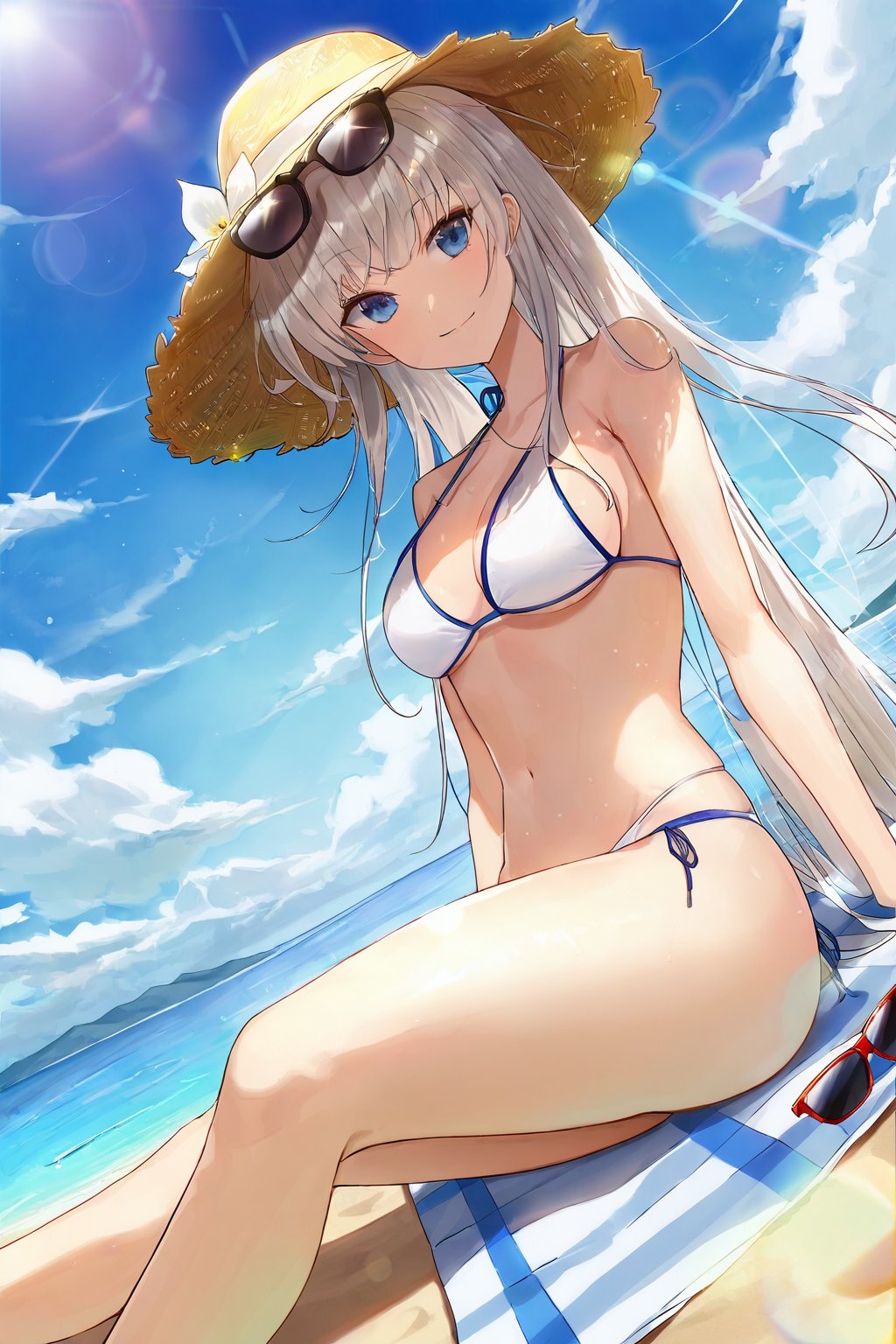 (1_girl, platinum_blonde_hair, blue_eyes, athletic:1.3),
(bikini, beach_towel, sun_hat:1.4),
(sitting_on_beach, legs_crossed, sunglasses_on:1.2),
(summer_day, clear_skies, ocean_view:0.9),
(wide_angle_shot, vibrant_colors, dynamic_composition:1.5),
sunny_atmosphere, high_resolution, clear_skies,