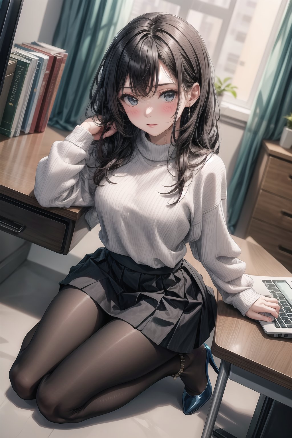 A girl with black, long hair. She is wearing a white shirt, black skirt, high heels, and pantyhose. She’s sitting on a chair, kneeling, with her legs spread, revealing her pantyhose. She has her hand on her thigh and is wearing a sweater. She’s in an office, with a laptop on a desk, looking at the viewer, blushing. Full body shot, low angle shot.