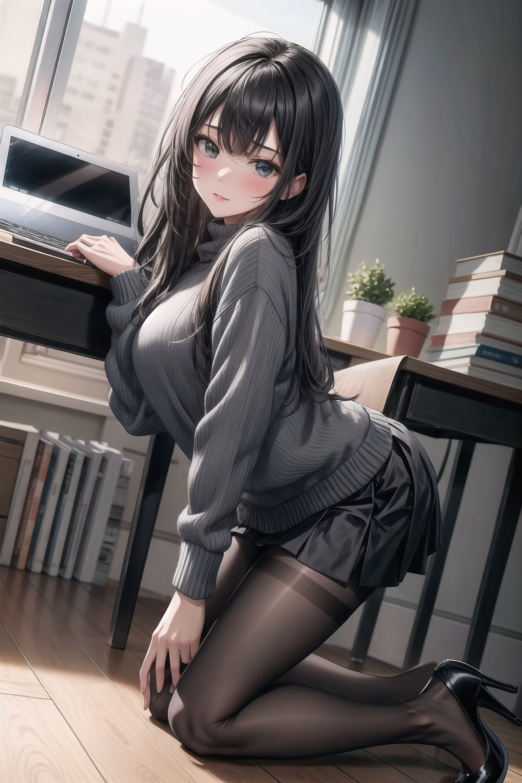 A girl with black, long hair. She is wearing a white shirt, black skirt, high heels, and pantyhose. She’s sitting on a chair, kneeling, with her legs spread, revealing her pantyhose. She has her hand on her thigh and is wearing a sweater. She’s in an office, with a laptop on a desk, looking at the viewer, blushing. Full body shot, low angle shot.
