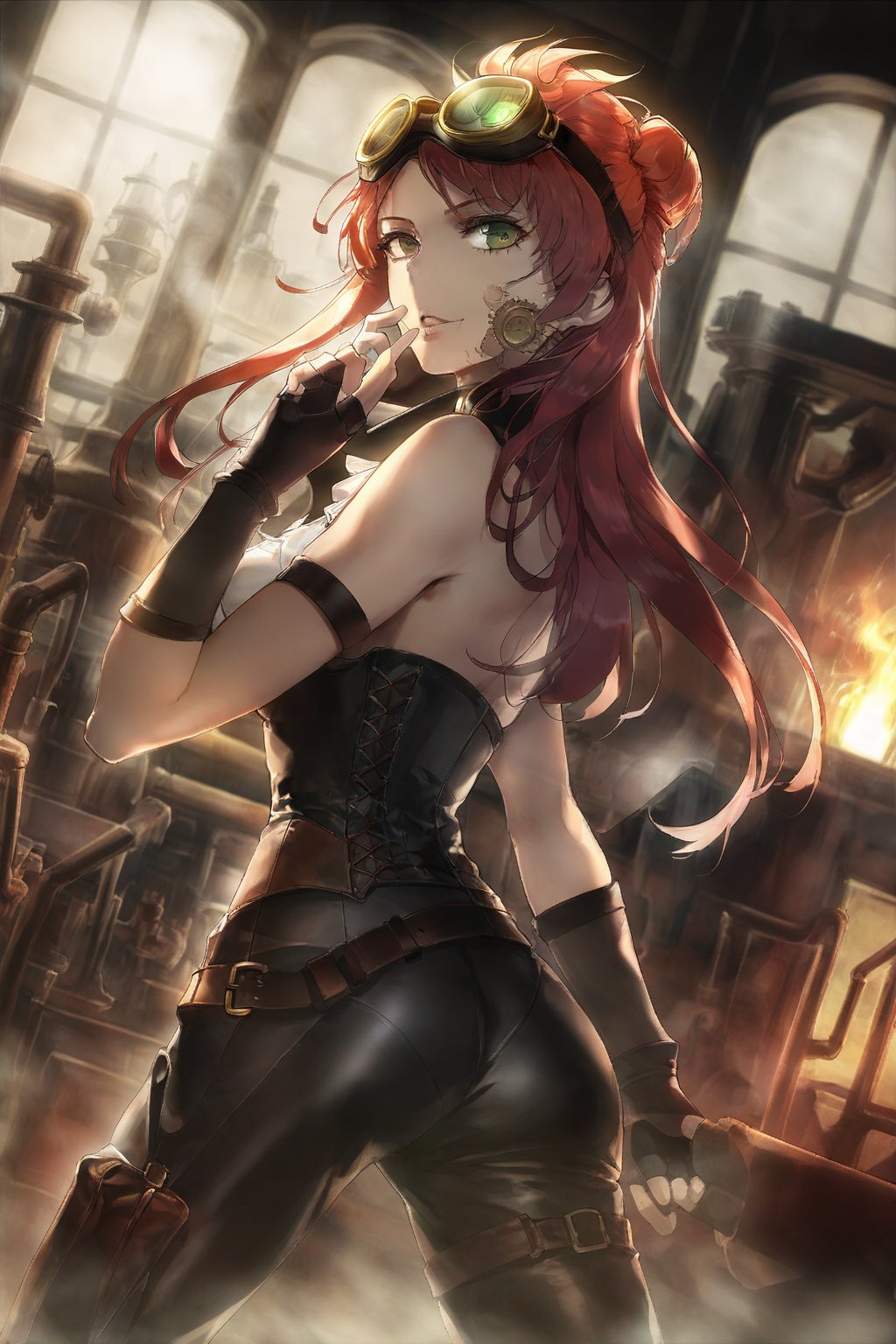 (1_girl, long_hair, fiery_red_hair, messy_updo:1.3), 
(sharp_green_eyes, high_cheekbones, defined_jawline, fair_skin:1.2), 
(athletic_build, toned_arms, slim_waist:1.1), 
(steampunk_corset, leather_pants, goggles_on_head, fingerless_gloves:1.3), 
(working_on_machinery, focused_expression, oil_smudges_on_face:1.2), 
(victorian_workshop, gears_and_clockwork, steam_pipes:0.8), 
(mid-shot, dutch_angle, dramatic_side_lighting:1.5), 
lens_flare, high_detail, rust_textures, sepia_tones