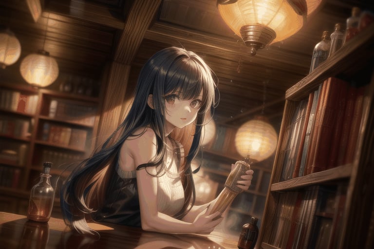 1 woman, long hair, dark colored sleeveless outfit, shoulders exposed, indoors, dim lighting, bookshelf, bottles and jars, lit lanterns, warm atmosphere, background: bookshelf, bottles, lanterns, indoor: dim, woman: long hair, sleeveless, shoulders exposed, lanterns: lit, atmosphere: warm,Anime,masterpiece,anime