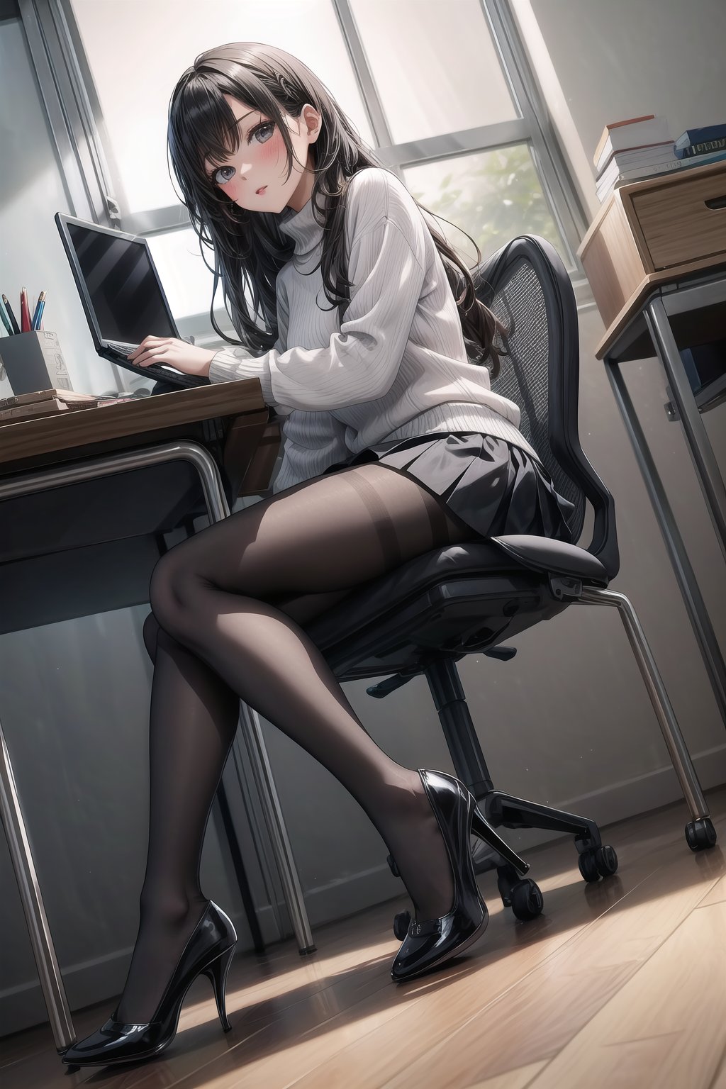 A girl with black, long hair. She is wearing a white shirt, black skirt, high heels, and pantyhose. She’s sitting on a chair, kneeling, with her legs spread, revealing her pantyhose. She has her hand on her thigh and is wearing a sweater. She’s in an office, with a laptop on a desk, looking at the viewer, blushing. Full body shot, low angle shot.