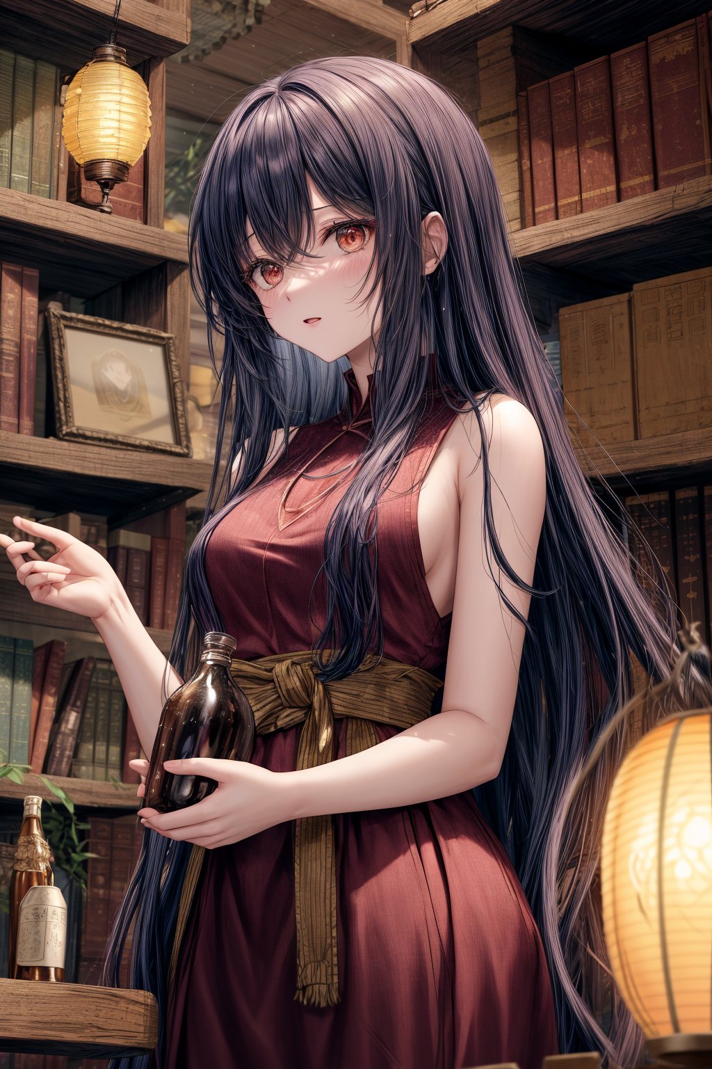 1 woman, long hair, dark colored sleeveless outfit, shoulders exposed, indoors, dim lighting, bookshelf, bottles and jars, lit lanterns, warm atmosphere, background: bookshelf, bottles, lanterns, indoor: dim, woman: long hair, sleeveless, shoulders exposed, lanterns: lit, atmosphere: warm,Anime,masterpiece, fantasy,best quality,anime,girl,incredibly absurdres