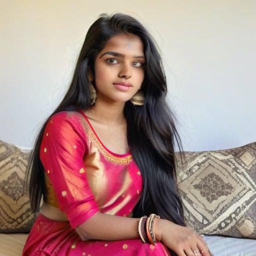 beautiful oute young attractive Indian teenage girl, village girl, 18 years old, cute, Instagram model, long black hair, colorful hair, warm, dacing, In home sit at sofa, Indian