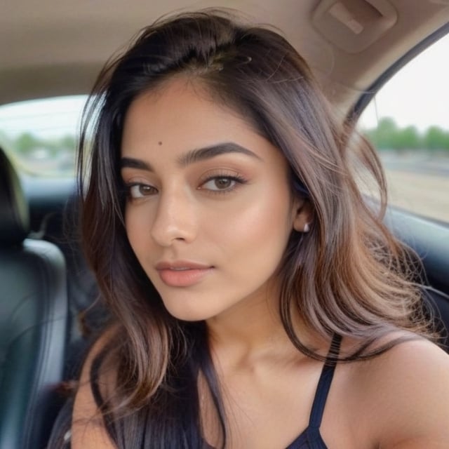 beautiful cute young attractive realistic Indian teenage girl, 18 years old, cute, Instagram model, long black hair, colorful hair, warm, dacing, in car ,Indian