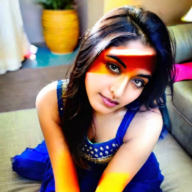 beautiful cute young attractive realistic Indian teenage girl, 18 years old, cute, Instagram model, long black hair, colorful hair, warm, dacing, in home sit as a sofa,Indian