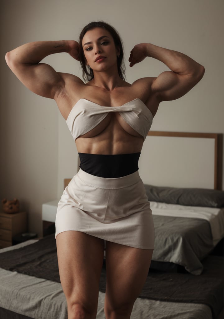 Close-up shot of an enticing muscle girl standing in a bedroom, her massive biceps flexed as she poses confidently. Her long legs are showcased in a flowing skirt that accentuates her narrow waist. A lustful gaze radiates from her big lips as she commands attention, the soft lighting emphasizing the curves and contours of her physique.