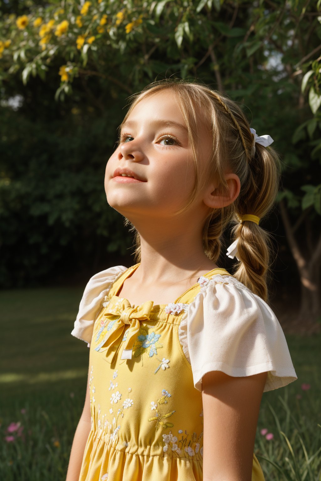 A young girl, around 8-10 years old, stands alone in a sunny backyard, surrounded by lush green grass and vibrant flowers. She looks up at something with wonder in her eyes, her blonde pigtails tied back with a ribbon, wearing a bright yellow sundress with white flowers embroidered along the hem.