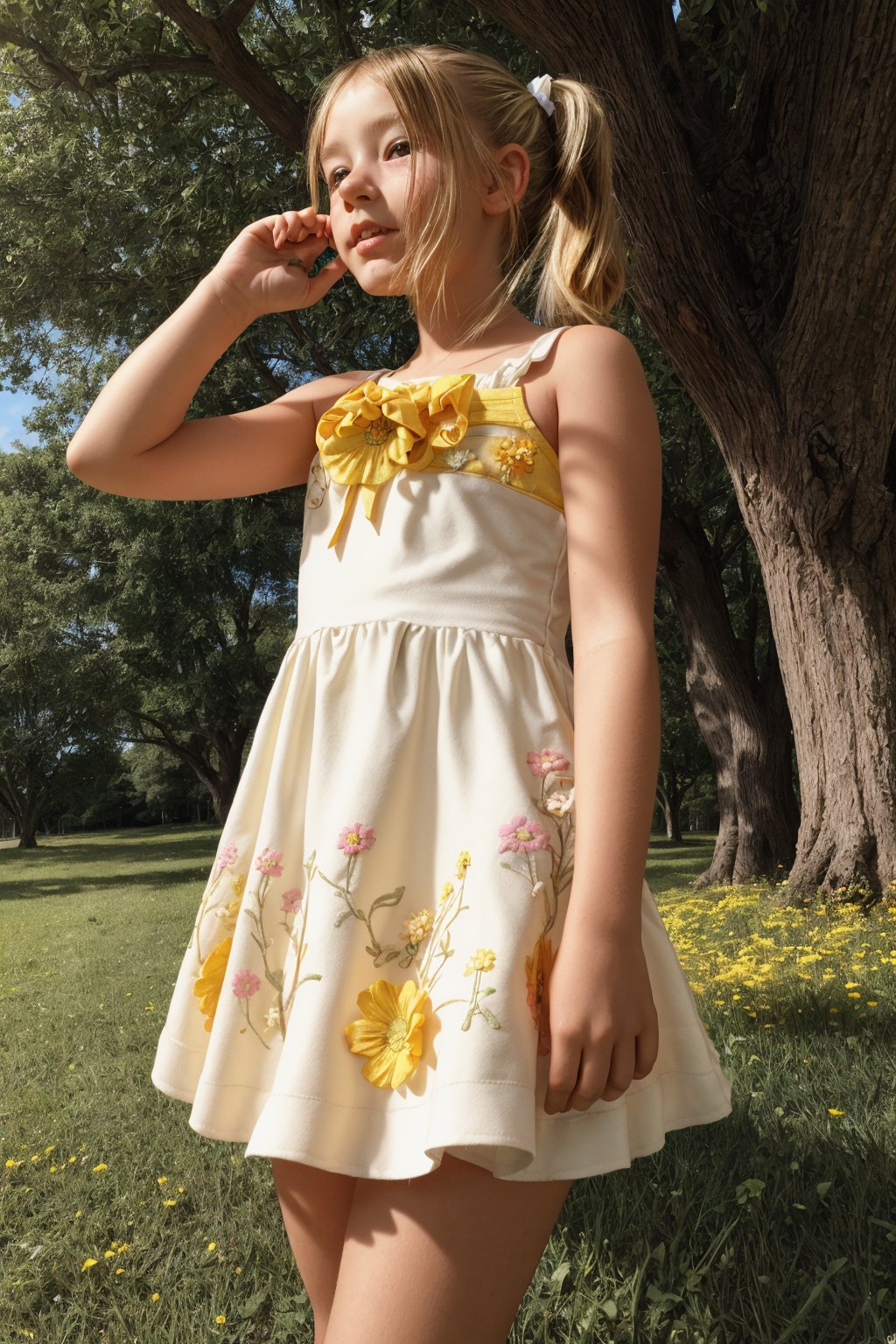 A young girl, around 11-13 years old, stands alone in a sunny park, surrounded by lush green grass and colorful vibrant flowers and trees. She looks up at something with wonder in her eyes, her blonde pigtails tied back with a ribbon, wearing a alluring bright yellow mini sundress with white flowers embroidered along the hem.