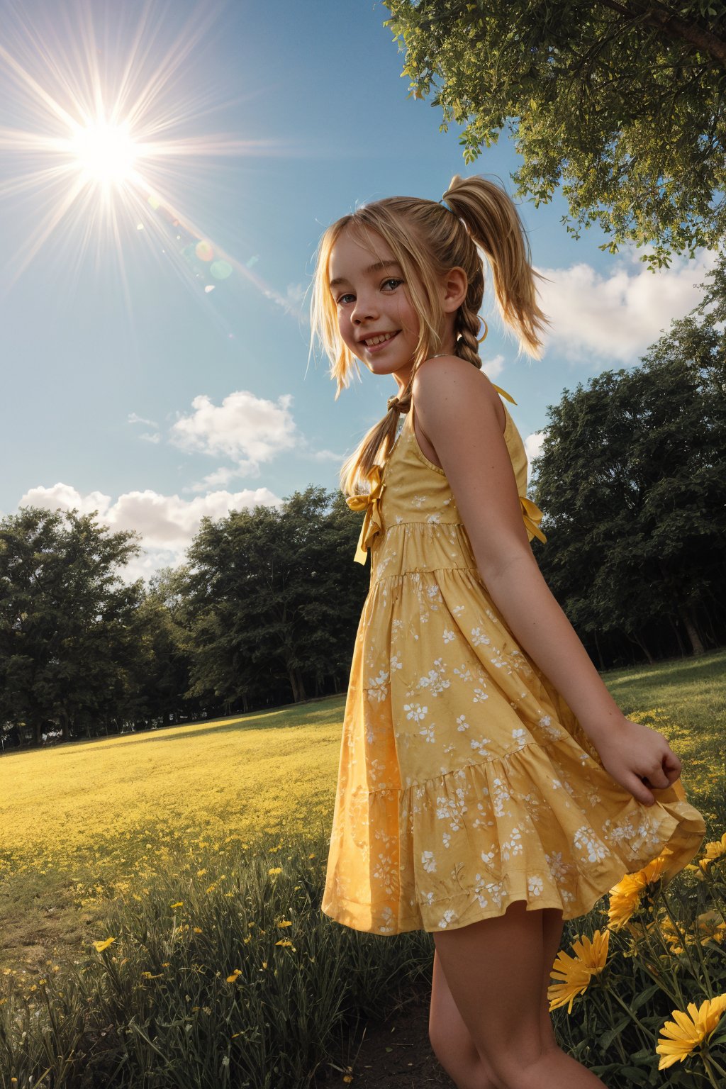 Golden light illuminates the young girl's sunny disposition as she stands alone in a vibrant park scene, surrounded by lush green grass and an explosion of colorful flowers and trees. Her blonde pigtails tied back with a ribbon, she gazes up at something with wonder-filled eyes, her bright yellow sundress with white flower embroidery shining like a ray of sunshine against the soft greens. The camera frames her solitary figure against the idyllic backdrop, capturing her carefree joy and innocent curiosity.