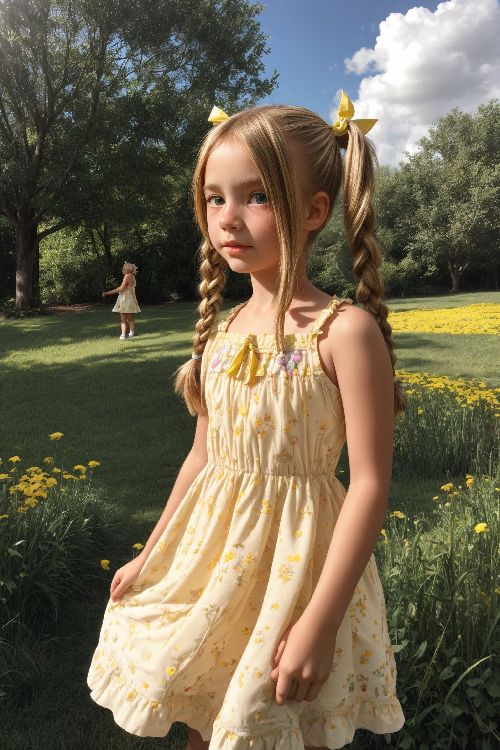 A young girl, around 8-10 years old, stands alone in a sunny backyard, surrounded by lush green grass and vibrant flowers. She looks up at something with wonder in her eyes, her blonde pigtails tied back with a ribbon, wearing a bright yellow sundress with white flowers embroidered along the hem.