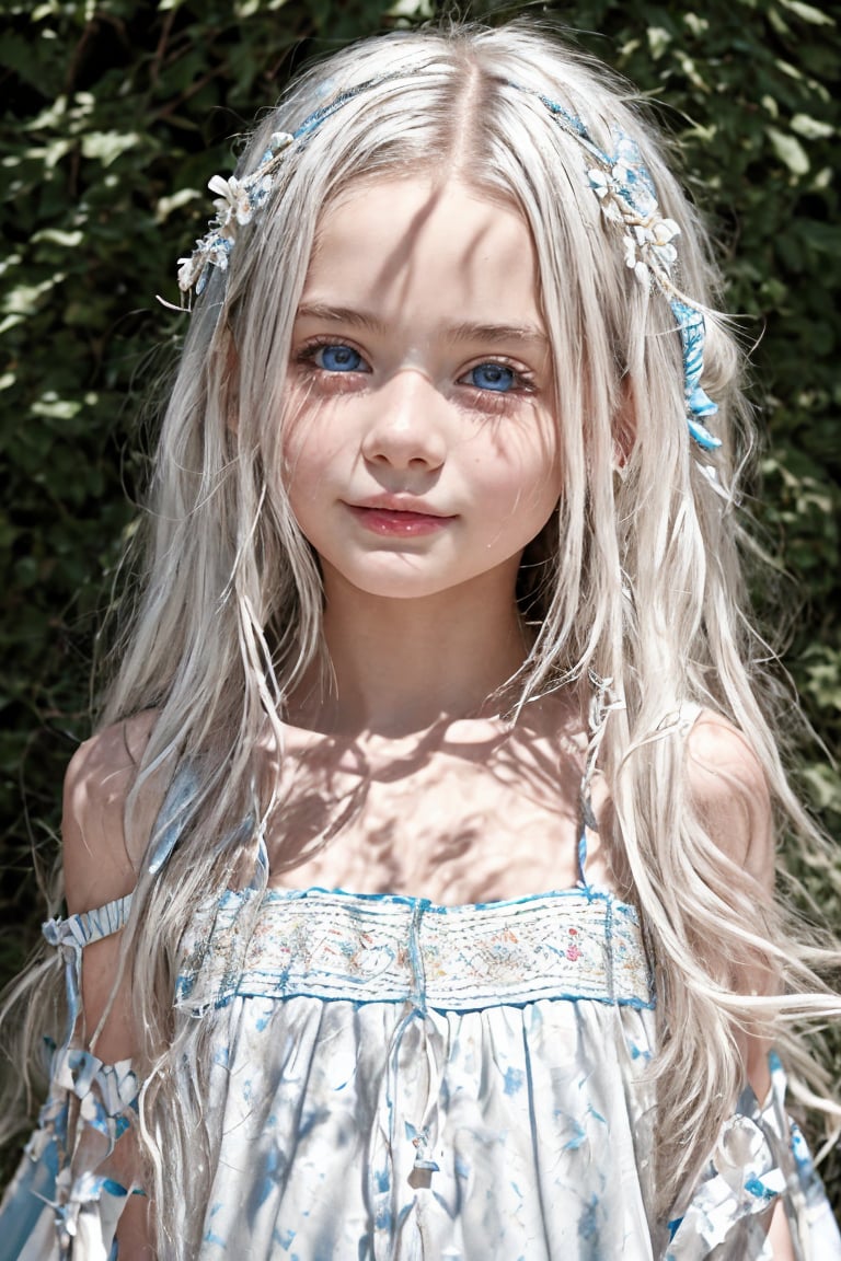 A stunning 11-year-old tween girl with porcelain-white skin, piercing blue eyes, and a radiant smile. Her long white hair cascades down her slender back, framing her face as she gazes directly at the camera. Softly blushed cheeks add to her charm. She's clad in a flowing hippie dress, her petite figure accentuated by the loose fabric. The lighting is exquisite, with crisp shadows highlighting her features. In the style of David Dubnitskiy, this masterpiece captures every detail with precision, like a RAW photo taken on a Sony A7III. (sharp:1)