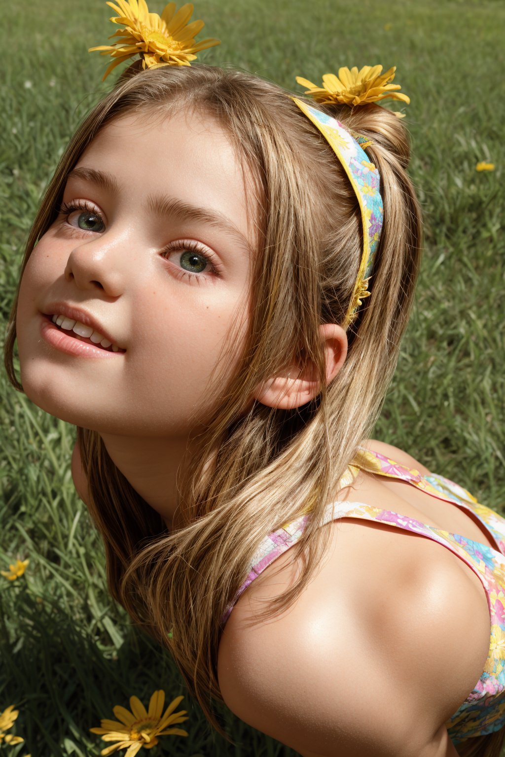 A young girl, around 11-13 years old, stands alone in a sunny park, surrounded by lush green grass and colorful vibrant flowers and trees. She looks up at something with wonder in her eyes, her blonde pigtails tied back with a ribbon, wearing a alluring bright yellow mini sundress with white flowers embroidered along the hem.