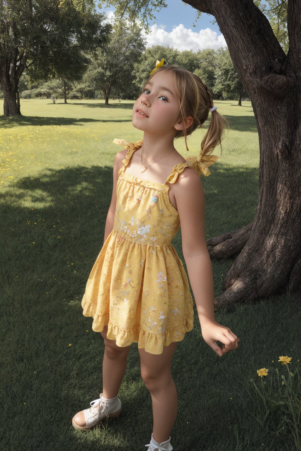 A young girl, around 11-13 years old, stands alone in a sunny park, surrounded by lush green grass and colorful vibrant flowers and trees. She looks up at something with wonder in her eyes, her blonde pigtails tied back with a ribbon, wearing a alluring bright yellow mini sundress with white flowers embroidered along the hem.