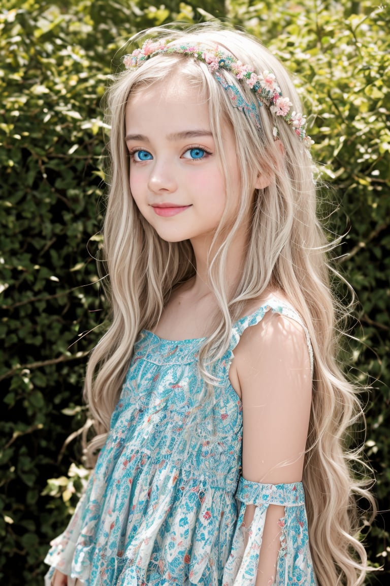 A breathtakingly detailed 8K HDR image of an 11-year-old tween girl with porcelain skin, bright blue eyes, and a radiant smile. She's wearing a flowing hippie dress, her long white hair cascading down her back as she stands confidently in a full-body shot. The camera captures every nuance of her features, from the subtle blush on her cheeks to the playful glint in her eye. Shot on a Sony A7III with an f/1.2 lens, this masterpiece is a testament to David Dubnitskiy's artistic vision, with crisp lines and forms that seem almost too good to be true. The RAW photo has been expertly stylized to accentuate the subject's beauty, resulting in a hyperrealistic portrait that's nothing short of stunning.