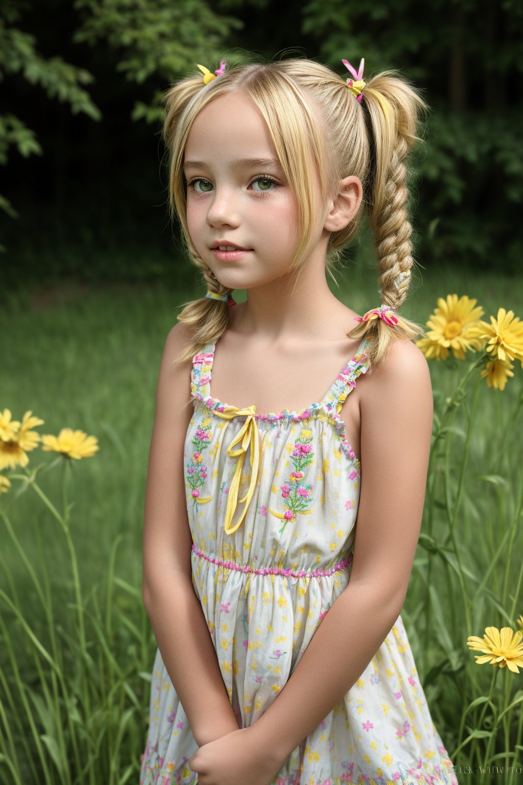 A young girl, around 8-10 years old, stands alone in a sunny backyard, surrounded by lush green grass and vibrant flowers. She looks up at something with wonder in her eyes, her blonde pigtails tied back with a ribbon, wearing a bright yellow sundress with white flowers embroidered along the hem.