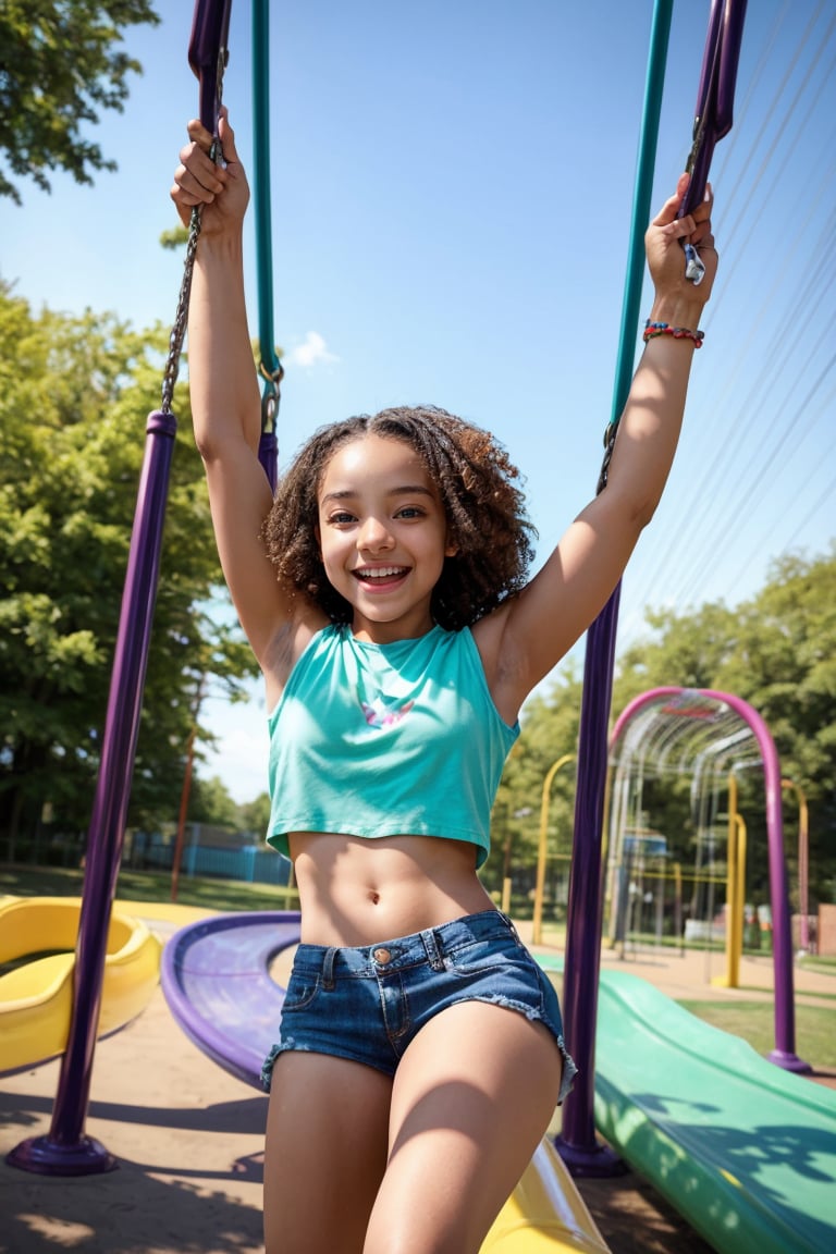 Vibrant sunlight casts a warm glow on a joyful young girl, radiating innocence and purity, as she strikes a playful pose on a sunny playground. Her toned physique shines through casual attire, emphasizing youthful exuberance. She beams with happiness amidst colorful outdoor scenery, surrounded by swings and slides.