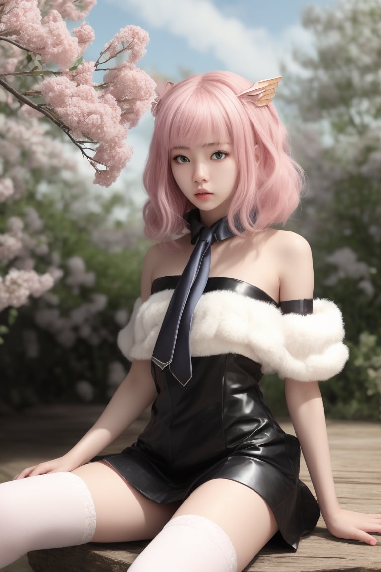 A serene anime-inspired girl, mesugaki in nature, sits cross-legged on a subtle, green-draped platform, viewed from directly below. Her medium-length hair, a mesmerizing multicolored wonder featuring black, pink, and red hues, cascades down her back like a waterfall of vibrant colors. Her striking features, accentuated by a radiant halo, are framed by a delicate pink bow and matching thigh-highs adorned with fur trim. Mechanical wings sprout from her shoulders, their metallic sheen contrasting beautifully with the softness of her hair. A short, flowy dress reveals a necktie and detached sleeves, adding to the whimsical charm. Cherry blossoms bloom around her, creating a peaceful atmosphere. The overall aesthetic is one of surreal beauty, as if plucked straight from an ulzzang or absurdres illustration.