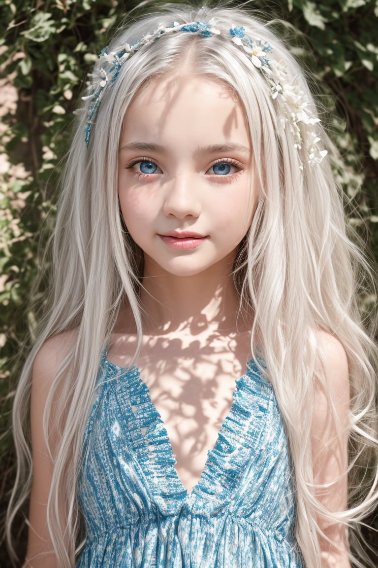 A stunning 11-year-old tween girl with porcelain-white skin, piercing blue eyes, and a radiant smile. Her long white hair cascades down her slender back, framing her face as she gazes directly at the camera. Softly blushed cheeks add to her charm. She's clad in a flowing hippie dress, her petite figure accentuated by the loose fabric. The lighting is exquisite, with crisp shadows highlighting her features. In the style of David Dubnitskiy, this masterpiece captures every detail with precision, like a RAW photo taken on a Sony A7III. (sharp:1)