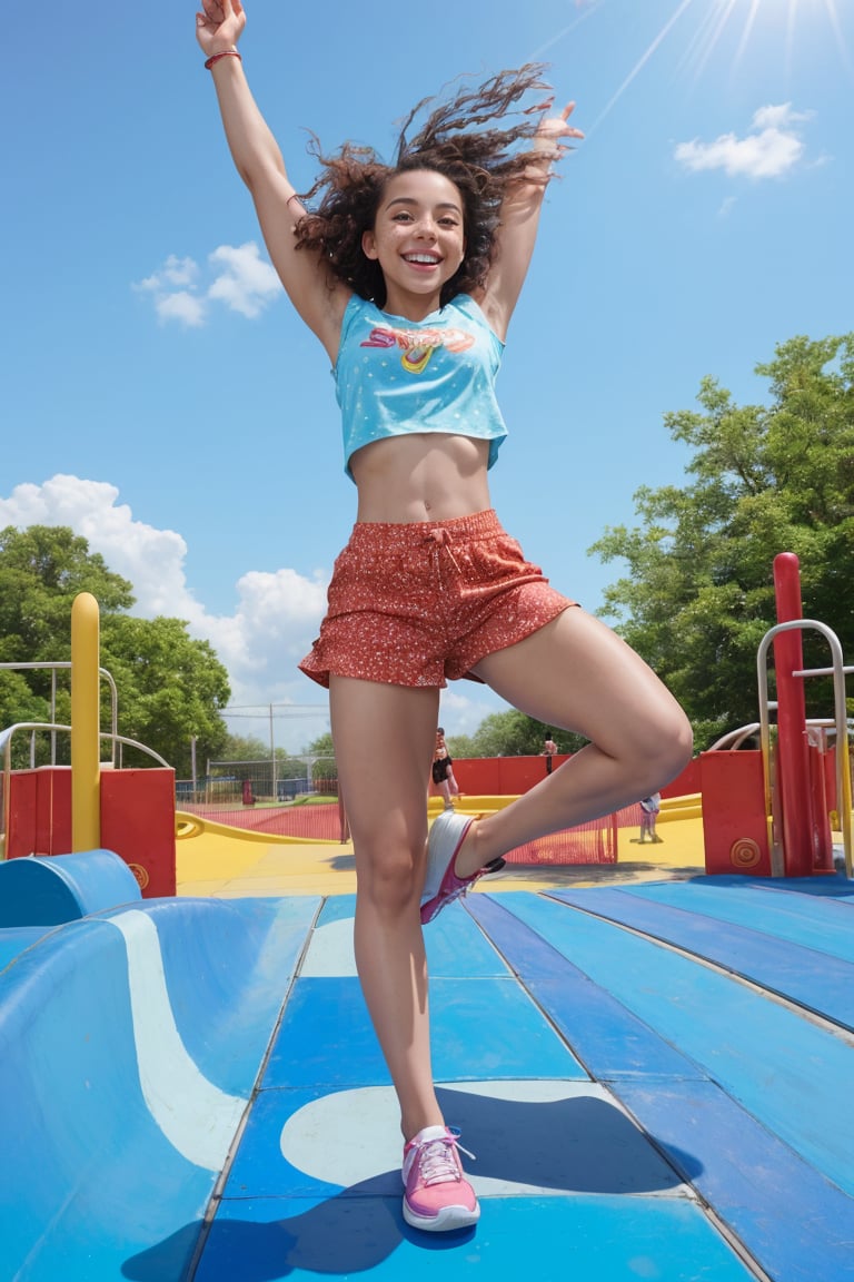 A carefree young woman with a scorching hot physique bursts with joy on a vibrant playground. Wearing casual wear, she radiates innocence and purity as she leaps into the air, her bright smile lighting up the sunny day. The warm rays of sunlight dance across her freckled skin, highlighting her playful laughter.