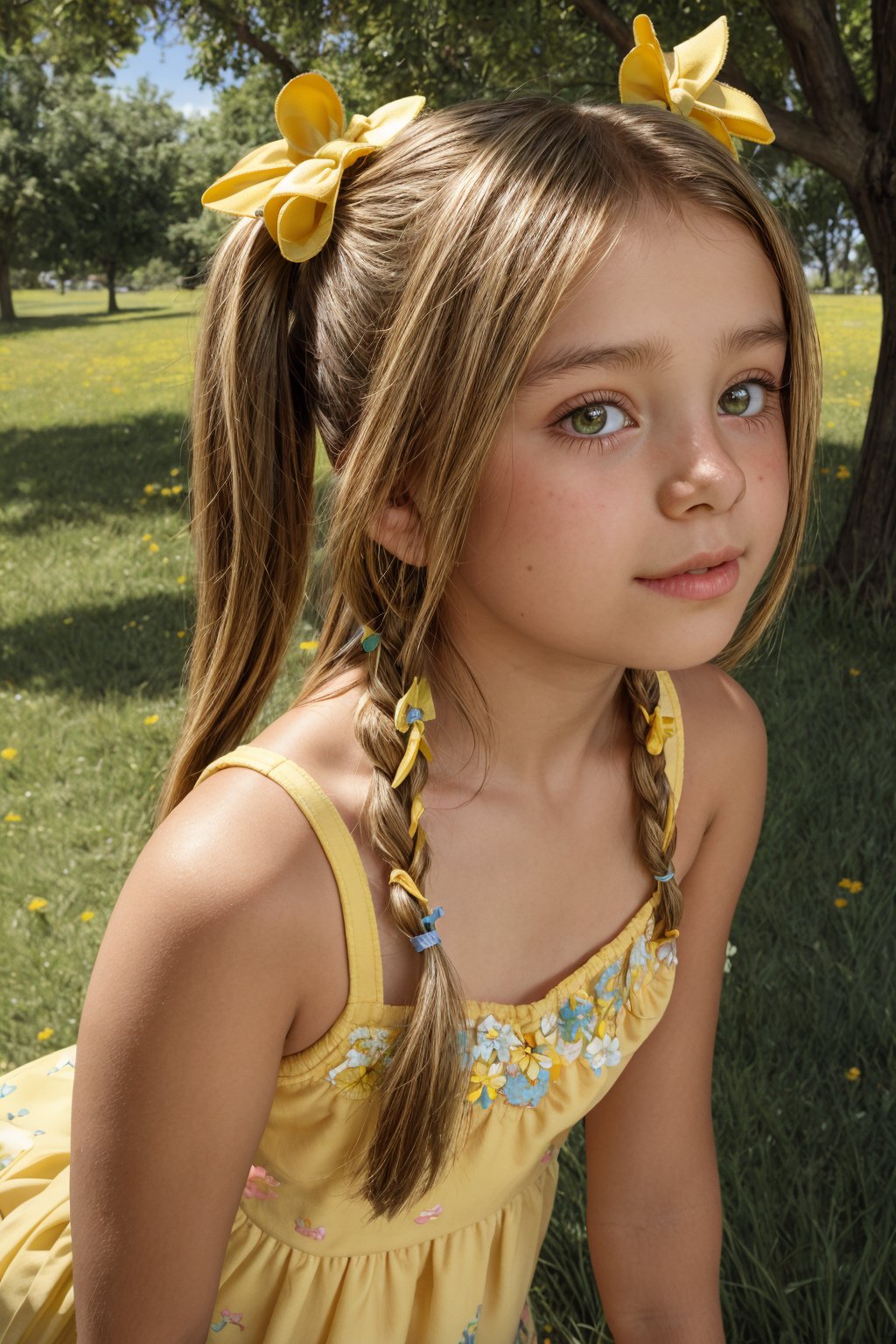 A young girl, around 11-13 years old, stands alone in a sunny park, surrounded by lush green grass and colorful vibrant flowers and trees. She looks up at something with wonder in her eyes, her blonde pigtails tied back with a ribbon, wearing a alluring bright yellow mini sundress with white flowers embroidered along the hem.