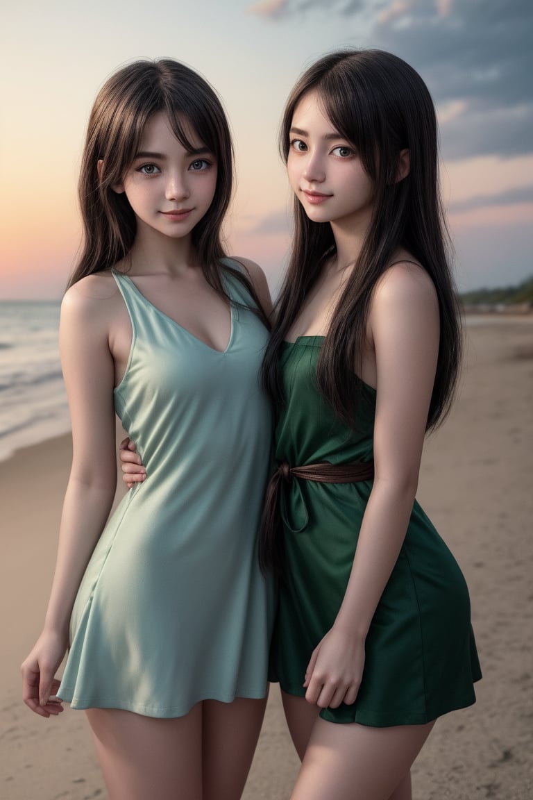 A masterpiece of an image! In a warm sunset glow on the beach, two young women stand together, embracing in a tender arm hug. The taller one, with long black hair and a gentle light smile, wears a cute white sleeveless sundress that accentuates her slender body. Her eyes are a stunning green gradient, reminiscent of a tareme beauty. Her companion, with exquisite gentle eyes and spotlit features, has short blunt bangs framing her face. Both girls exude a sense of youthful innocence and playfulness, their shiny hair and skin glistening in the fading light of day. The niji hues of the sky blend seamlessly with the tranquil atmosphere, creating an anime-inspired masterpiece that is truly cute and sexy!