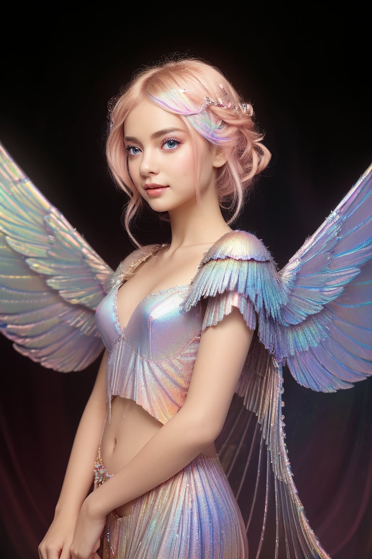 (masterpiece, best quality, CGI, official art:1.2), (stunning celestial being:1.3), (iridescent wings:1.4), shimmering silver hair, piercing sapphire eyes, gentle smile, (luminous aura:1.2), soft focus, whimsical atmosphere, serene emotion, dreamy tone, vibrant intensity, inspired by Hayao Miyazaki's style, ethereal aesthetic, pastel colors with (soft pink accents:1.1), warm mood, soft golden lighting, diagonal shot, looking up in wonder, surrounded by (delicate clouds:1.1) and (shimmering stardust:1.2), focal point on the being's face, intricate textures on wings and clothes, highly realistic fabric texture, atmospheric mist effect, high image complexity, detailed environment, subtle movement of wings, dynamic energy.