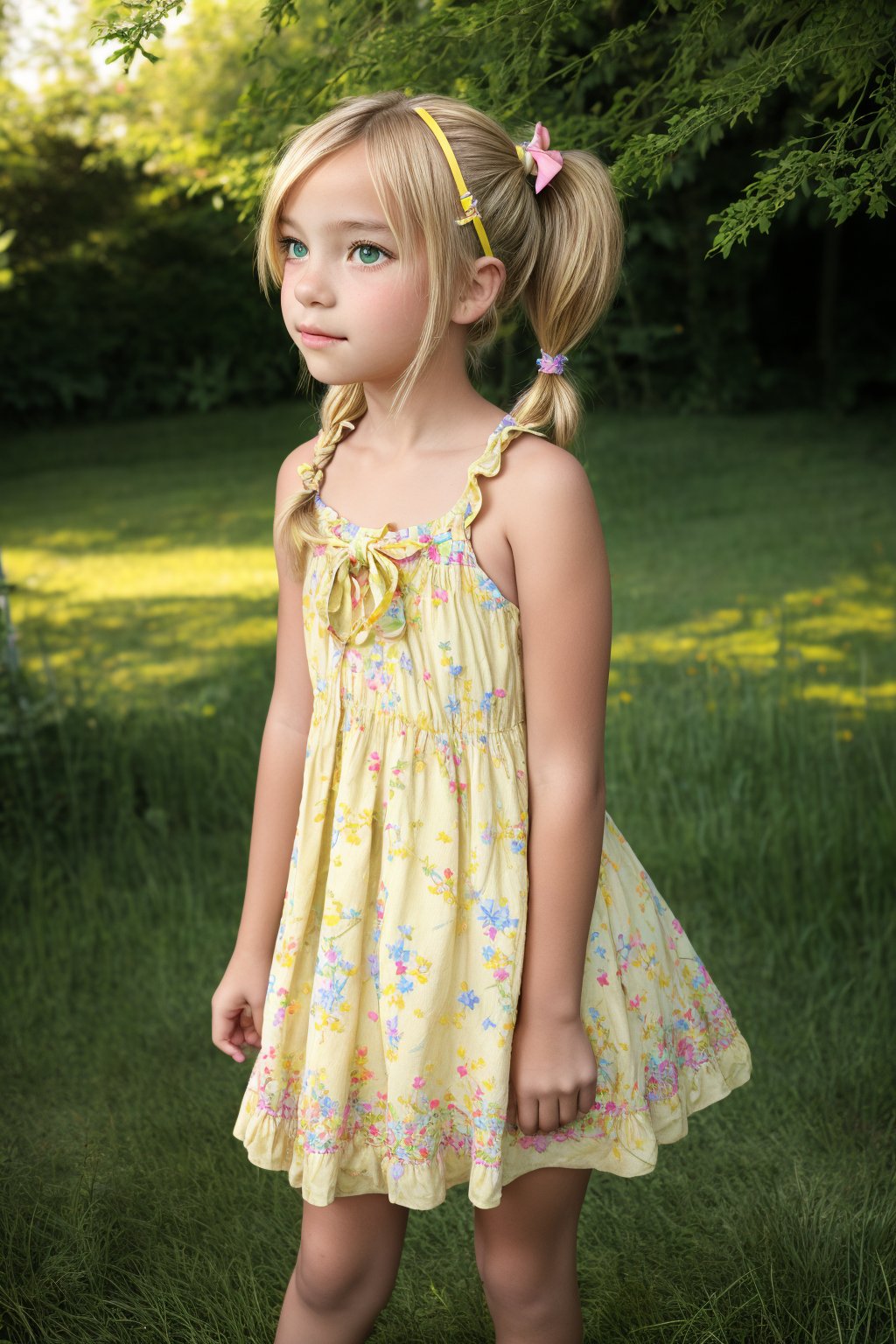 A young girl, around 8-10 years old, stands alone in a sunny backyard, surrounded by lush green grass and vibrant flowers. She looks up at something with wonder in her eyes, her blonde pigtails tied back with a ribbon, wearing a bright yellow sundress with white flowers embroidered along the hem.