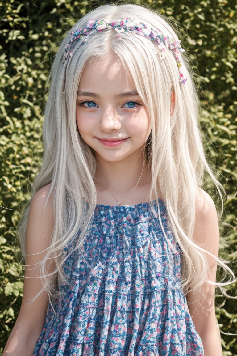 High detaild images sharpness, beautiful face, masterpiece, 8k, HDR, hyperrealistic, Masterpiece, photorealistic, RAW photo, best quality, (sharp:1),high-resolution photograph, Full body view of  11 yo little tween girl, tween girl, white hair, smiling face, blue eyes, blush, blushed, blushing, pale white skin,slender girl, beautiful face, masterpiece, 8k, HDR, hyperrealistic, beautiful face, perfect body, happy, smile, fun, childish hippie wear, wearing only a Hippie dress, smile, petite, lolicon, cute, sweet, pov, stunning use of shadows, in the syle of crisp lines and forms, UHD, shot on a Sony A7III --ar 1:2 --style raw --stylize 250,csr style,High detaild images sharpness, beautiful face, masterpiece, 8k, HDR, hyperrealistic,  photorealistic, RAW photo, best quality,tween girl body by David Dubnitskiy,Detailedface