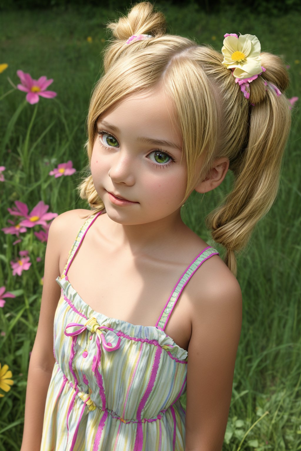 A young girl, around 8-10 years old, stands alone in a sunny backyard, surrounded by lush green grass and vibrant flowers. She looks up at something with wonder in her eyes, her blonde pigtails tied back with a ribbon, wearing a bright yellow sundress with white flowers embroidered along the hem.