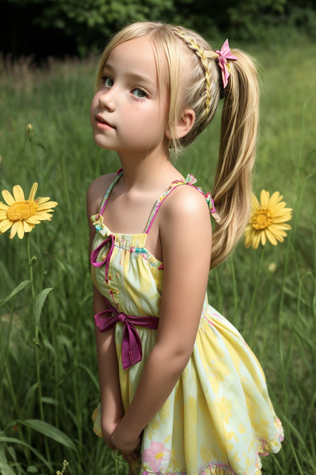 A young girl, around 8-10 years old, stands alone in a sunny backyard, surrounded by lush green grass and vibrant flowers. She looks up at something with wonder in her eyes, her blonde pigtails tied back with a ribbon, wearing a bright yellow sundress with white flowers embroidered along the hem.