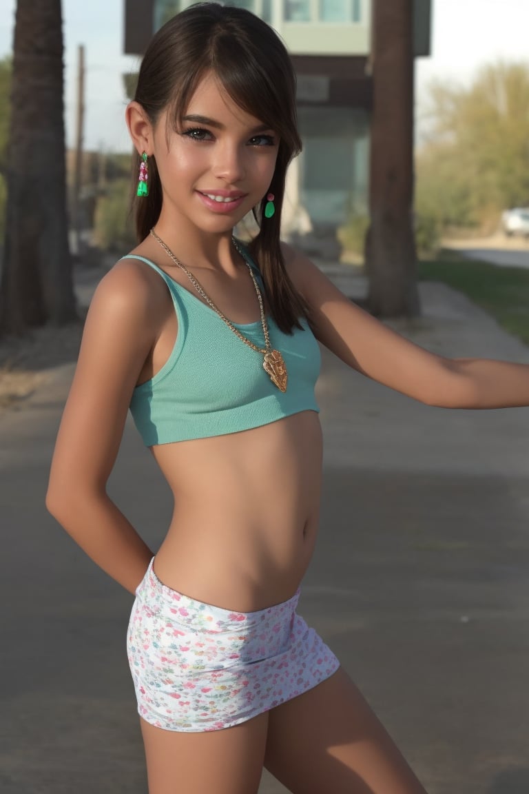 1girl, solo, looking at viewer, smile, skirt, brown hair, navel, jewelry, earrings, midriff, necklace, grin, flat chest, side ponytail, bracelet, ring, realistic, graffitim((baby face))