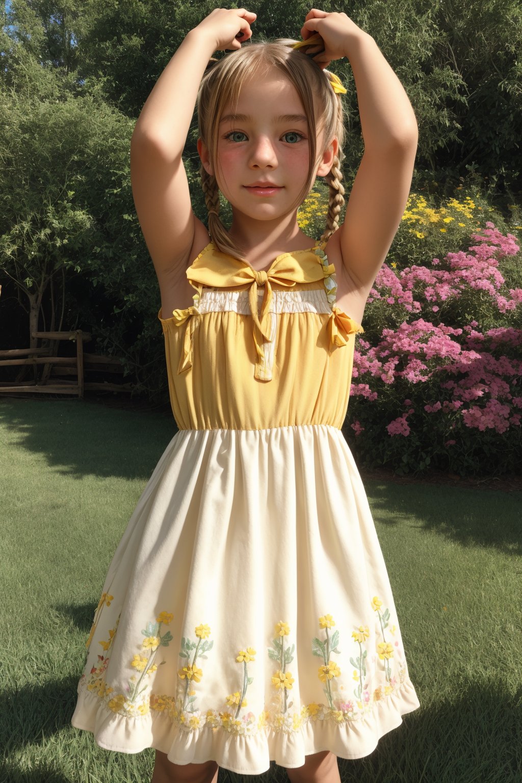 A young girl, around 8-10 years old, stands alone in a sunny backyard, surrounded by lush green grass and vibrant flowers. She looks up at something with wonder in her eyes, her blonde pigtails tied back with a ribbon, wearing a bright yellow sundress with white flowers embroidered along the hem.