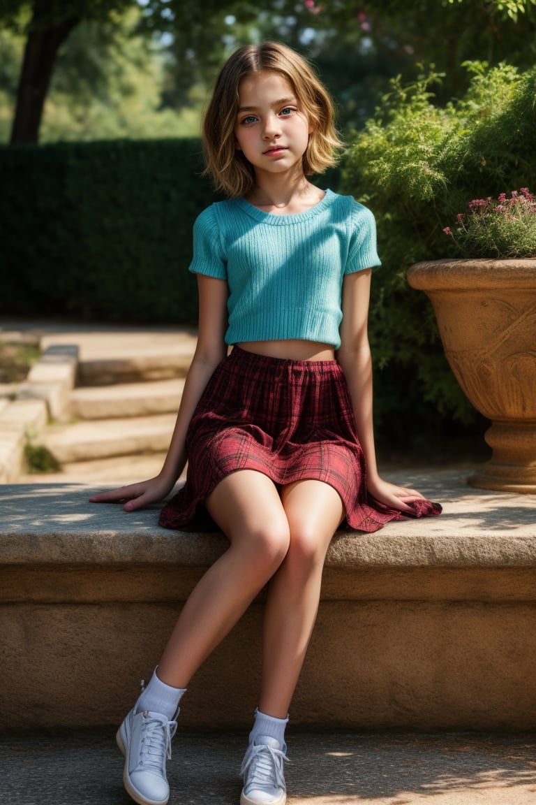 (beautiful face, 8K, HDR, HD.Masterpiece, Hyperrealistic),Full body view of a tween girl with well-formed body and short hair, 11yo, italian, nice hip, nice waist, outside, photorealistic, vibrant photography,(sitting or standing in alluring pose),Ultra-Realitic, Ultra-sharp. Vibrant,