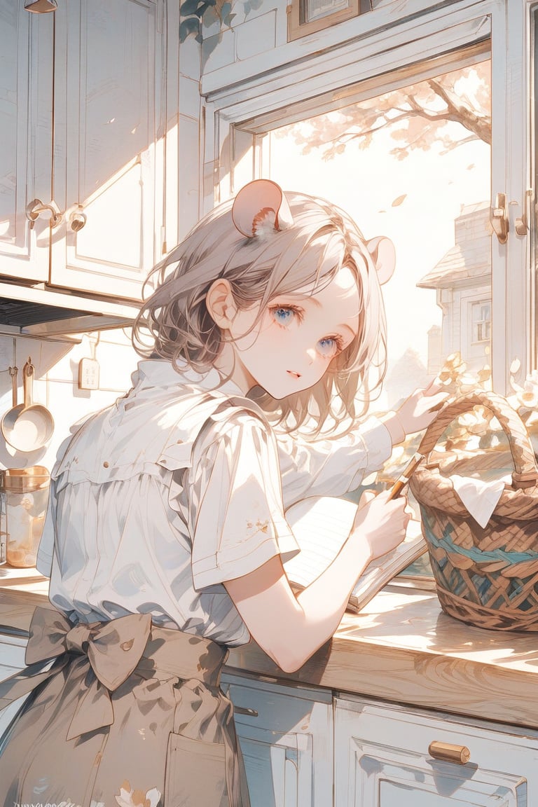 A close-up shot of a mature mouse wearing simple modern clothing, holding a notebook and pen, stands next to a wicker basket in a kitchen. The mouse's face is etched with concern as it scribbles notes in the book, its eyes darting back and forth, worry lines creasing its forehead. Soft natural light pours through the window, casting a warm glow on the scene.