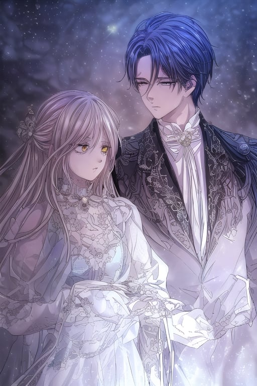 A mystical tableau unfolds: A couple, adorned in Victorian finery, pose against a mysterious backdrop. The woman's prim, pale locks cascade down her back, framing her ethereal features. Her bright yellow-golden eyes gleam like lanterns in the night. Across from her, the man stands tall, his dark blue hair slicked back, revealing piercing blue ocean eyes that seem to hold the secrets of the deep. The soft focus and warm lighting evoke a sense of nostalgia, as if plucked from a forgotten era.