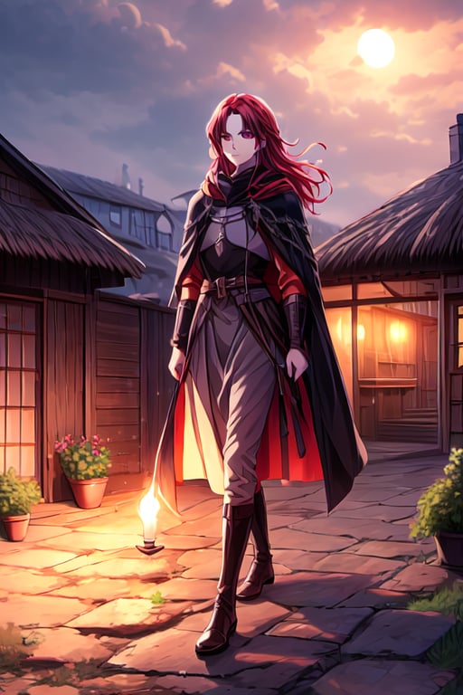 A woman with fiery red hair and golden eyes, shrouded beneath a dark green cloak that cascades over her head. She wears a flowing gray dress, its simplicity belied by the dramatic cape that wraps around her. Her feet are clad in black boots as she walks through the medieval village, the warm glow of torches and lanterns casting a rustic ambiance, while the thatched roofs and crumbling stone walls of the nearby cottages blend seamlessly into the misty backdrop, all under a somber gray sky with clouds tinted orange by the setting sun.
